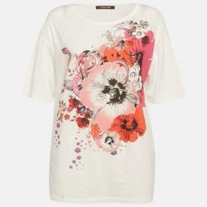 Pre Owned Roberto Cavalli White Floral printed Cotton Knit T-Shirt M