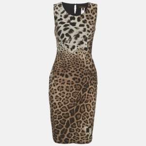 Pre Owned Roberto Cavalli Grey/Beige Animal Printed Jersey Midi Dress M