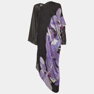 Pre Owned Roberto Cavalli Black Orchid Floral Print Silk Maxi Dress M