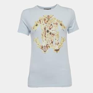 Pre Owned Roberto Cavalli Light Blue Graphic Print Jersey Crew Neck T-Shirt M
