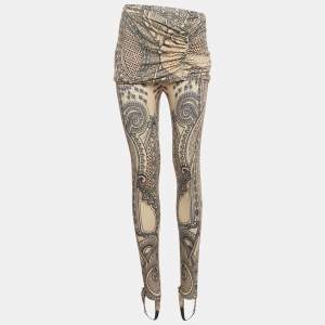 مملوكة مسبقًا بنطلون روبيرتو كافالي نسيج مطبوع بيج بكسرات متداخلة مقاس وسط (ميديوم)