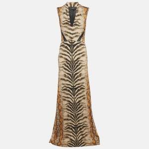 مملوكة مسبقًا Roberto Cavalli Beige Animal Printed Jersey Sleeveless Maxi Dress M
