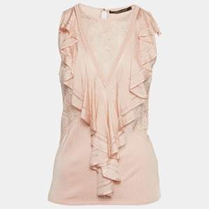 Pre Owned Roberto Cavalli Light Peach Stretch Knit Ruffle Crew Neck Top M