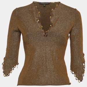 Pre Owned Roberto Cavalli Gold Lurex Knit Bead Trim Long Sleeve Top M