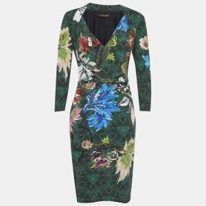 مملوكة مسبقًا Roberto Cavalli Green Floral and Snakeskin Print Jersey Mini Dress L