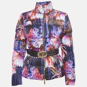 Pre Owned Roberto Cavalli Purple Printed Nylon Down Puffer Jacket S