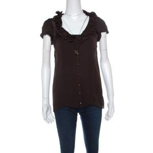 Pre Owned Roberto Cavalli Brown Ruffled Silk Sheer Blouse S