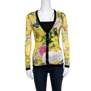 Pre Owned Roberto Cavalli Yellow Wonderland Print Silk Knit Button Front Cardigan S