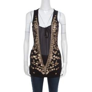 Pre Owned Roberto Cavalli Black Silk Sheer Panel Insert Embellished Sleeveless Top S