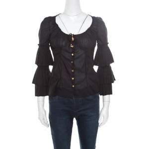 Pre Owned Roberto Cavalli Black Cotton Voile Tiered Sleeve Buttoned Blouse S