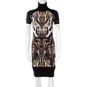 مملوكة مسبقًا Roberto Cavalli Black Animal Printed Wool Blend Turtleneck Sweater Dress M