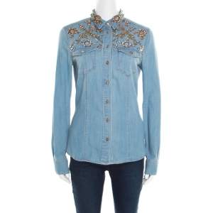 مملوكة مسبقًا قميص روبرتو كافالي أكمام طويلة دنيم نمط باهت مزخرف M