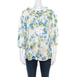 Pre Owned Roberto Cavalli Off White Floral Printed Silk Gathered Ruffle Detail Blouse M