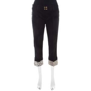 Pre Owned Roberto Cavalli Black Denim Leopard Printed Cuff Cropped Jeans M 