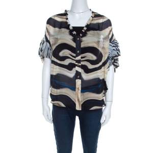 Pre Owned Roberto Cavalli Multicolor Striped Silk Batwing Sleeve Ruffled Top S