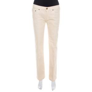 Roberto Cavalli Cream Cotton Denim Crinkled Effect Jeans M