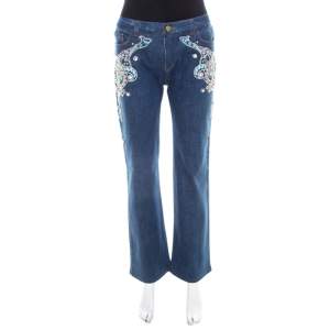 Pre Owned Roberto Cavalli Blue Crystal Embellished Denim Wide Leg Jeans L