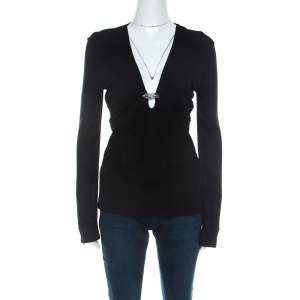 Pre Owned Roberto Cavalli Black Draped Jersey Brooch Neckline Detail Top M 