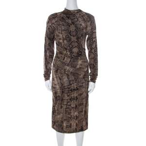 Roberto Cavalli Brown Snake Printed Jersey Ruched Detail Dress S