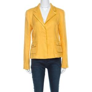 Pre Owned Roberto Cavalli Yellow Textured Linen Blend Button Front Blazer M