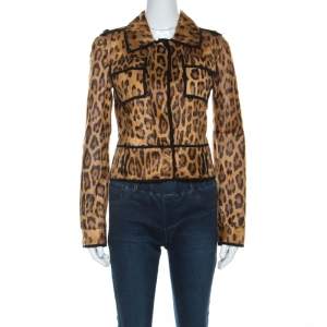 Pre Owned Roberto Cavalli Brown Leopard Pattern Goatskin Fur and Suede Jacket S 