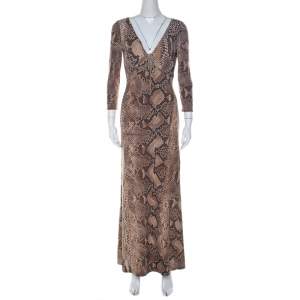 Pre Owned Roberto Cavalli Brown Python Print Front Lace Detail Maxi Dress M
