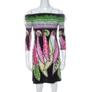 Pre Owned Roberto Cavalli Multicolour Print Ruched Shoulder Charm Detail Short Dress S