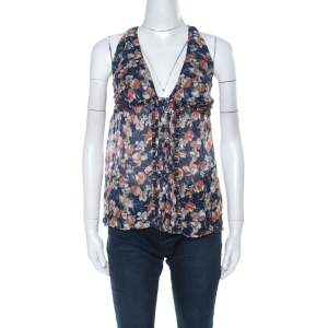 Pre Owned بلوزة روبرتو كافالي ياقة ملتفة حول الرقبة حرير طباعة زهور أزرق S