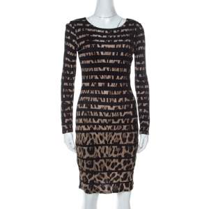 Roberto Cavalli Black Leopard and Stripe Print Stretch Long Sleeve Dress S