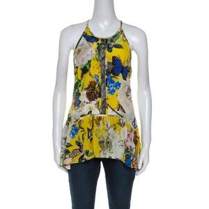 Roberto Cavalli Yellow Printed Silk Lace Detail Halter Top M