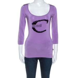 Pre Owned Roberto Cavalli Lilac Jersey Embellished Logo Scoop Neck Top S