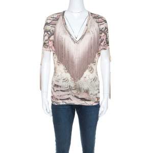 Pre Owned Roberto Cavalli Multicolor Printed Fringed Neckline V-Neck Top S