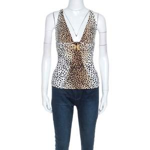مملوكة مسبقًا Roberto Cavalli Beige Leopard Print Stretch Ruched Detail Sleeveless Top XS