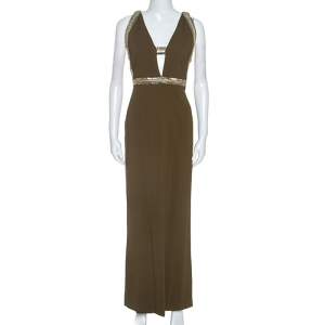 Roberto Cavalli Olive Green Crepe Sequin Trim Maxi Dress M