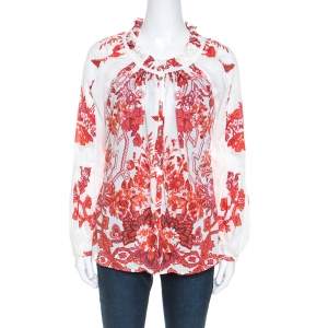 Pre Owned Roberto Cavalli Off White Floral Printed Ruched Detail Shirt S