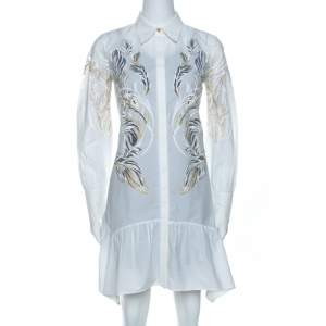 Roberto Cavalli White Brasso Feather Print Cotton Shirt Dress S