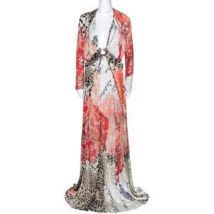Pre Owned Roberto Cavalli Multicolor Printed Jersey Brooch Detail Draped Maxi Dress L