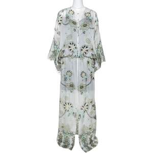 مملوكة مسبقًا Roberto Cavalli Off White Floral Shimmer Print Silk Slit Detail Kaftan L