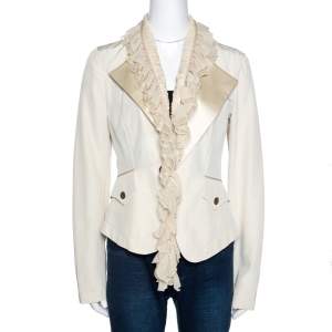 Roberto Cavalli Cream Cotton Blend Ruffle Detail Jacket M