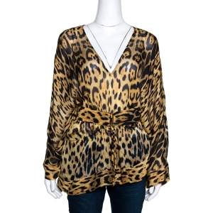 مملوكة مسبقًا قفطان روبرتو كافالي حرير بيج نقشة الفهد بحزام مقاس متوسط (ميديوم)