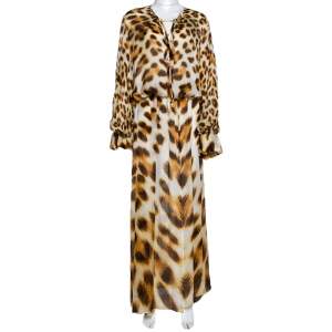 مملوكة مسبقًا Roberto Cavalli Brown Animal Print Silk Sheer Maxi Kaftan L
