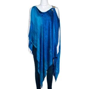 مملوكة مسبقًا توب روبرتو كافالي حافة غير متماثلة مزين بروش حرير  مطبوع نقشة الفهد أزرق مقاس صغير (سمول)