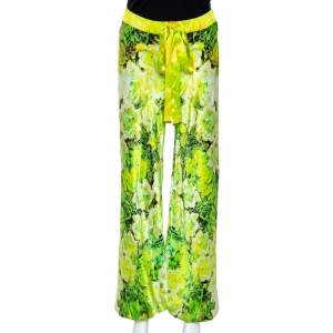 مملوكة مسبقًا Roberto Cavalli Light Green Floral Printed Silk Pants M 