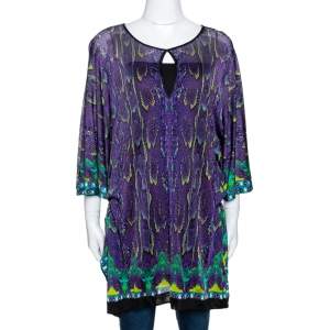 Pre Owned Roberto Cavalli Purple Snake Print Knit Belted Kaftan Top M