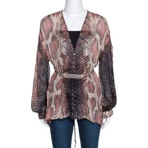 Pre Owned Roberto Cavalli Multicolor Animal Print Silk Embellished Sheer Blouse S