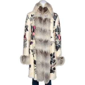Roberto Cavalli Cream Floral Print Leather Fur Lined Coat L