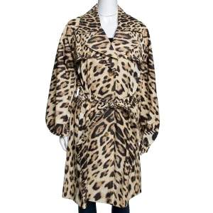 Roberto Cavalli Beige Leopard Printed Cotton Blend Belted Trench Coat M 