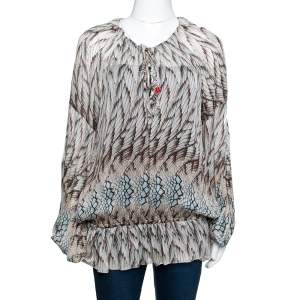 مملوكة مسبقًا Roberto Cavalli Multicolor Feather Printed Silk Gypsy Blouse L