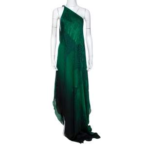 مملوكة مسبقًا Roberto Cavalli Green Wings Texture Print Silk Draped Maxi Kaftan M