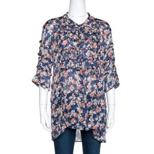 مملوكة مسبقًا بلوزة روبرتو كافالي حرير أزرق مورد مطبوع بكشكشة مزينة مقاس متوسط (ميديوم)